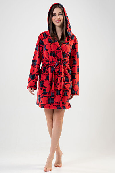 VİENETTA Women&#39;s Fleece Hooded Short Dressing Gown with Pockets