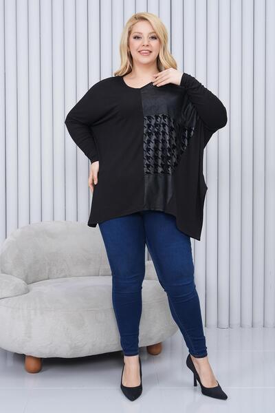 Siyezen Plus Size Oversize Asymmetry Cut Leather Detailed Blouse