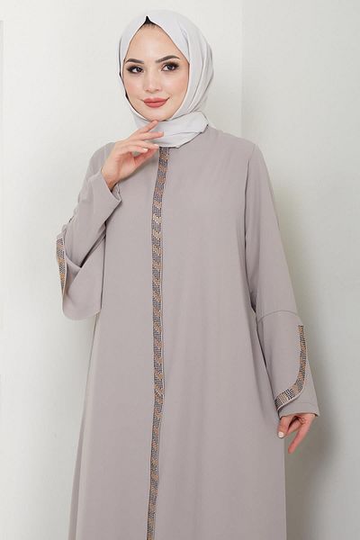 hafsamina Μπεζ Plus Size Ferace - Stone Detailed HM2030