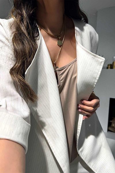 Sohotique By P Cream Striped Design Jacket and Trousers Set