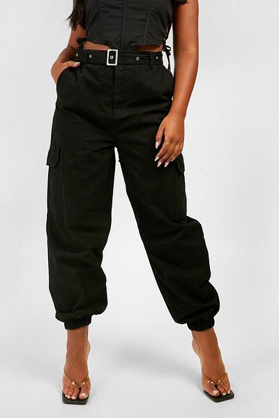 Şans Pantaloni de jogger negri de mărime mare pentru femei - cu centură, talie înaltă, picioare elastice, buzunar cargo 65N38749