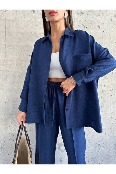 buqre's moda Women's Double Linen Shirt Pants Bottom Top Set