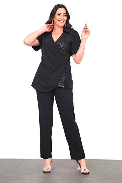 Şirin Butik Kadın Büyük Beden Siyah Kruvaze Yaka Pul Payet Detaylı Abiye İkili Takım