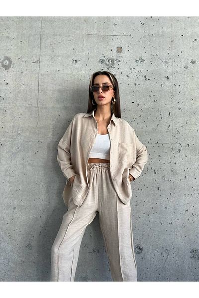 buqre's moda Women's Double Linen Shirt Pants Bottom Top Set