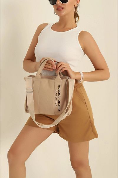 FHD BAGS Geantă de mână și de umăr pentru femei, cu fermoar, cu detaliu text din pânză