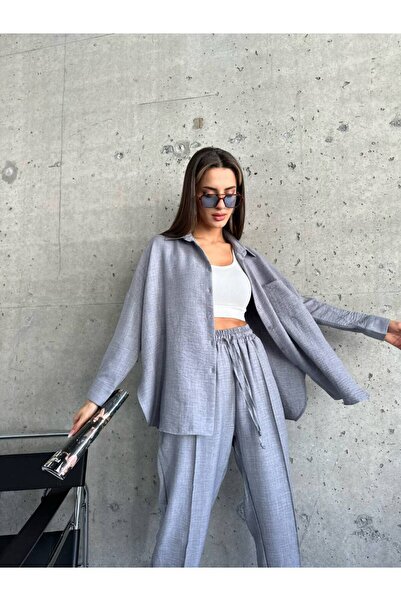 buqre's moda قميص نسائي من الكتان المزدوج بنطلون سفلي علوي