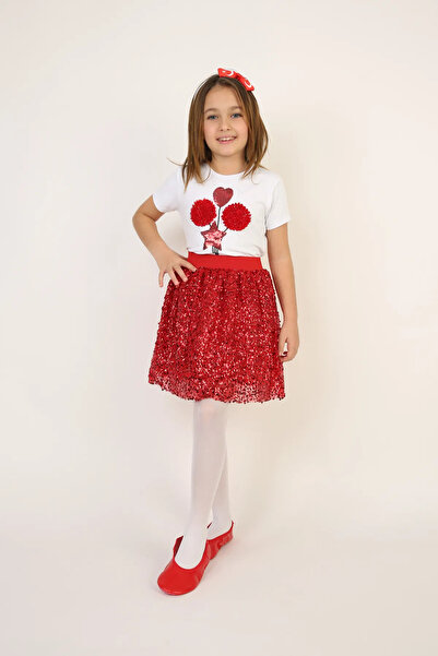 NOBLE STORE Κοριτσίστικο κόκκινο μοντέλο μπλουζάκι Κόκκινη φούστα με παγιέτες...