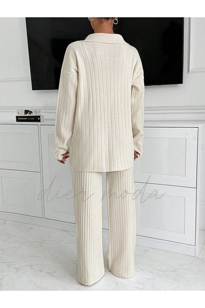 Dier Moda Women's Corded Double Breasted Collar Buttoned Knitwear Set with Slits at the Legs