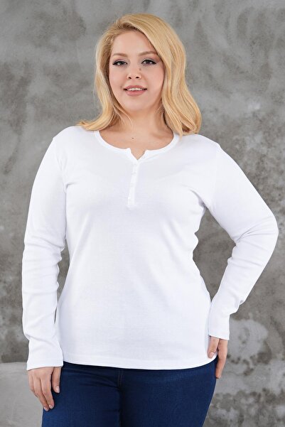 Siyezen Plus Size Button Detailed Cotton Lycra Basic Blouse