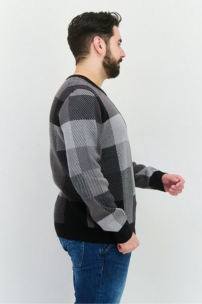 Perry Ellis Men Crew Neck Checkered Sweater, Black