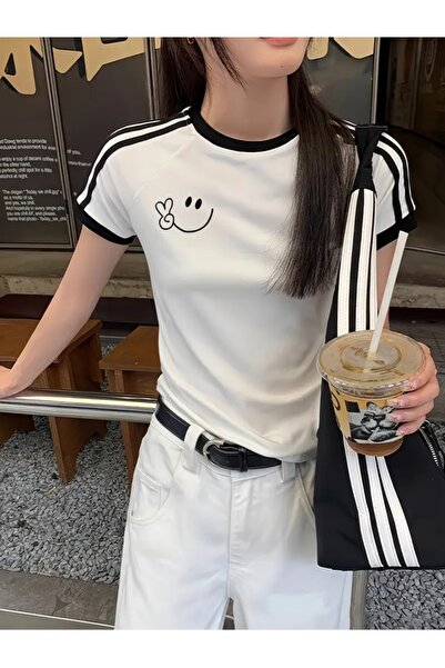 Touz Moda Crop Cut Smile εμπριμέ ριγέ λεπτομερές κορμάκι μπλούζας