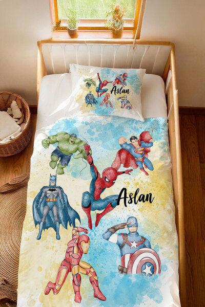 Homamia İsme Özel %100 Pamuk 100x200 Montessori Nevresim Takımı Marvel Kahramanlar