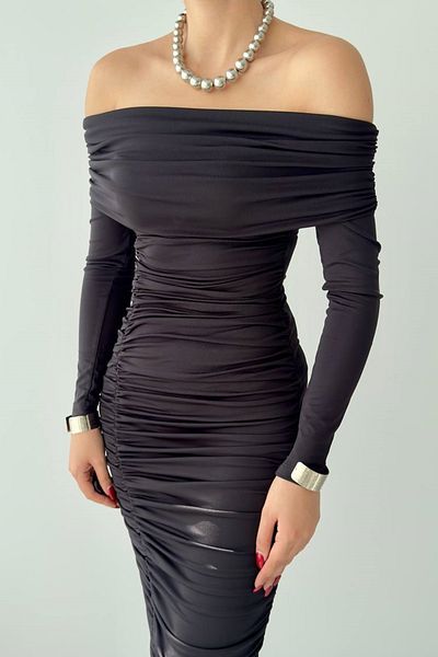 bayansepeti Black Sandy Fabric Wide Strapless Neckline Drawstring Detail Midi Evening Dress 305