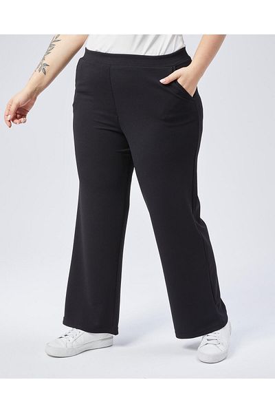 Şans Women's Plus Size Black High Waist Elastic Trousers with Pockets, Diagonal Fabric 65N38793