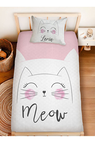 Homamia İsme Özel %100 Pamuk 160x230 Tek Kişilik Pike Takımı Sevimli Kedi