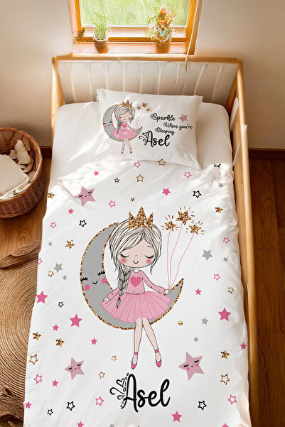 Homamia İsme Özel %100 Pamuk 100x200 Montessori Nevresim Takımı Aydaki Kız