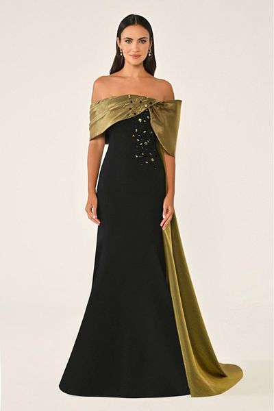 ALFABETA Fish Stylish Women's Evening Dress with Organza Detail and Stone Embroidered Belt