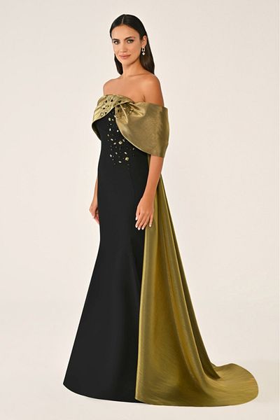 ALFABETA Fish Stylish Women's Evening Dress with Organza Detail and Stone Embroidered Belt
