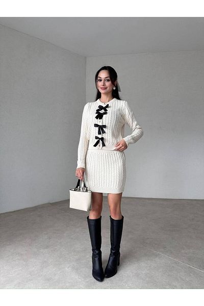 NZL TEKSTİL Hair Braided Ribbon Detail Women's Knitwear Suit with Cardigan & Skirt