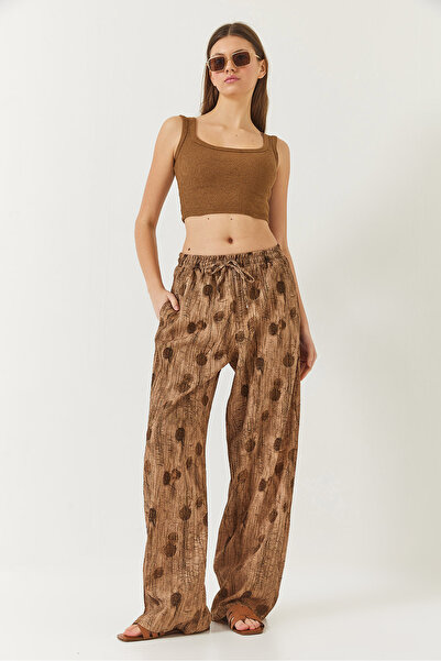 Bianco Lucci Γυναικείο ελαστικό παντελόνι μέσης με κορδόνι με λεπτομέρεια Palazzo 80167 60271064