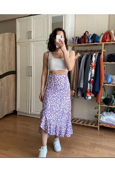 tülaybutik Women's Summer Floral Ruffled Skirt Product Height 80 cm