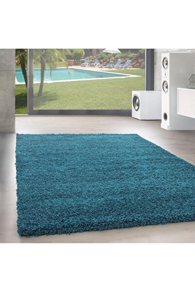Pixel Modern 30 mm Tüylü Düz Toz Çıkarmaz Antialerjik Turkuaz Mavi Dekoratif Shaggy Halı