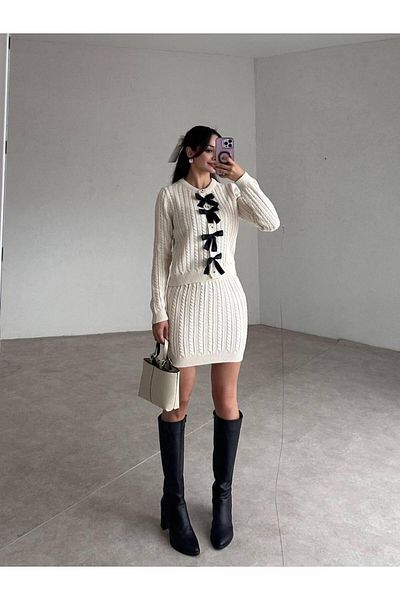 NZL TEKSTİL Hair Braided Ribbon Detail Women's Knitwear Suit with Cardigan & Skirt