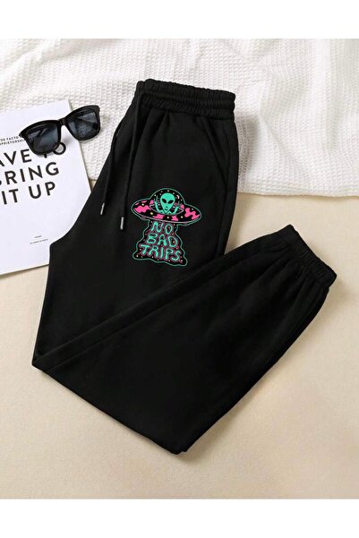 RPT MODA بنطال رياضي مريح بقصة مرنة وجيب سفلي مطبوع عليه كائن فضائي