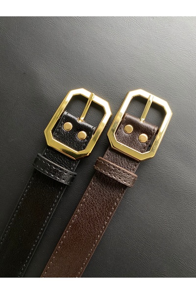 LİA KEMER Pachet de 2 curele cu cataramă aurie cu cusături pătrate Curea de t...