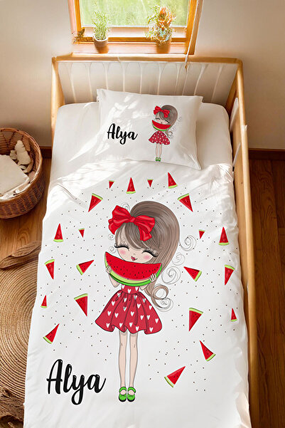 Homamia İsme Özel %100 Pamuk 100x200 Montessori Nevresim Takımı Karpuzlu Kız