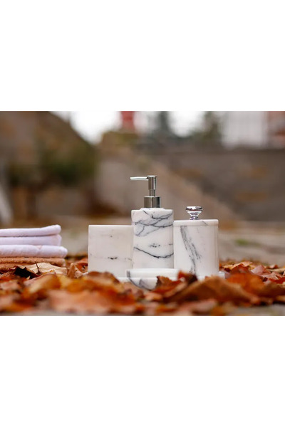 marbelix طقم حمام أوريليا ماربل 5 قطع: موزع الصابون السائل، حامل فرشاة الأسنان، موزع الصابون الصلب، موزع القطن وصينية