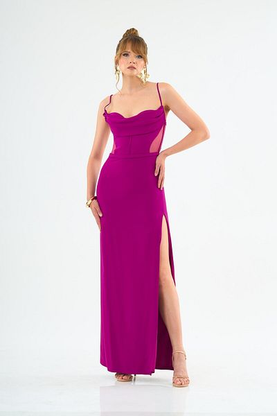 Carmen Fuchsia Crepe Evening Dress - Dress with Straps and Backless