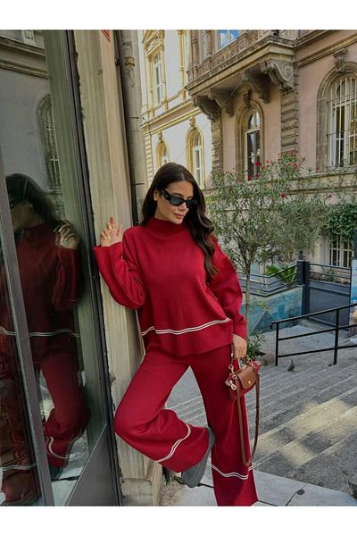 NZL TEKSTİL Tesettür Self-Stricking Striped Women's Knitwear Suit