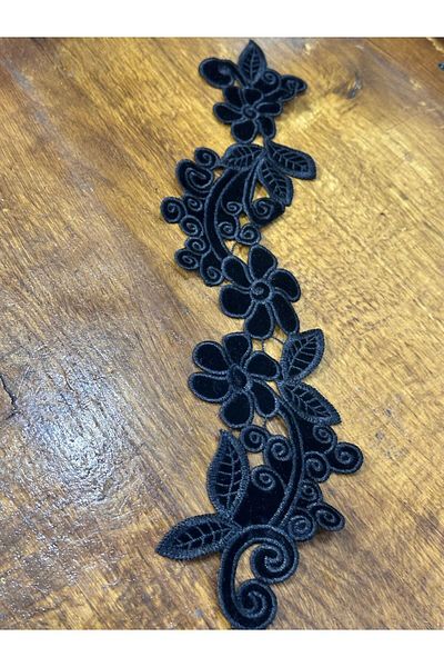 Gönülden Tasarım Black Flowers Embroidered Velvet Coat Sewing Applique 35X9 cm