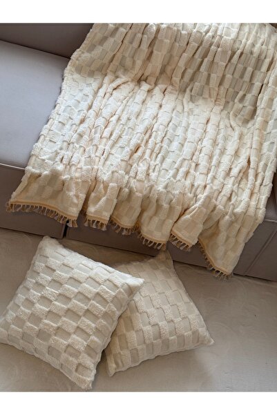 Heriya Peluş Püsküllü 2 Kırlent'li Ekru Geometrik Desen Koltuk Örtüsü 170x220cm,43x43cm