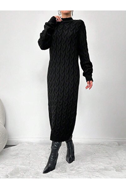 Askı Nişantaşı Women's Black Crew Neck Hair Braided Knitwear Dress