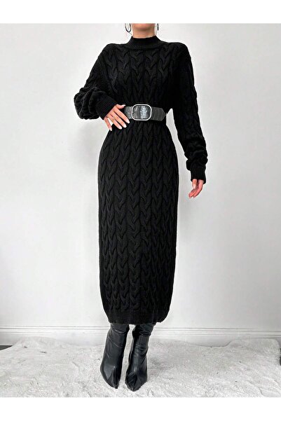 Askı Nişantaşı Women's Black Crew Neck Hair Braided Knitwear Dress