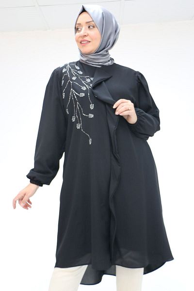 Eslina 58016 Plus Size Front Flounce Chiffon Tunic - Black