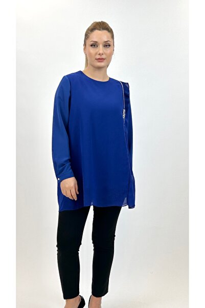 Ayda Triko Zero Collar Crepe and Chiffon Pleat - Stone Embellished Plus Size Blouse