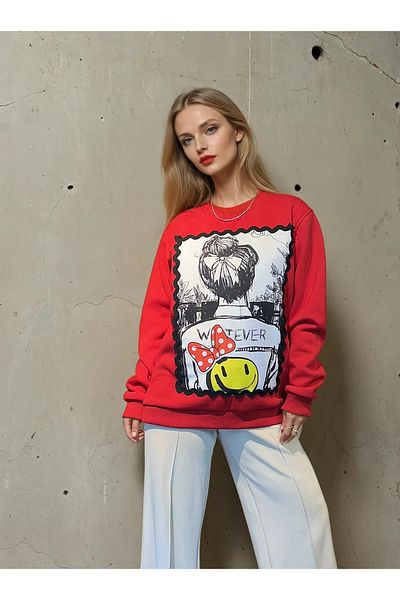 poupee Red Sweatshirt, Women's Sweatshirt, Oversize Sweatshirt