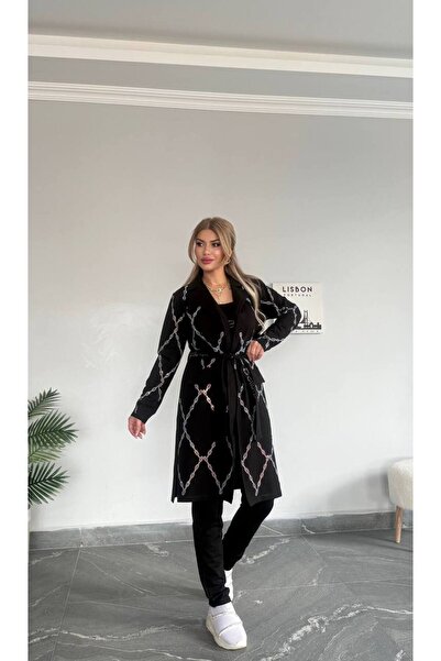 Bella Belluci Jachetă lungă cu imprimeu de piatră, cu model de lanț, costum triplu