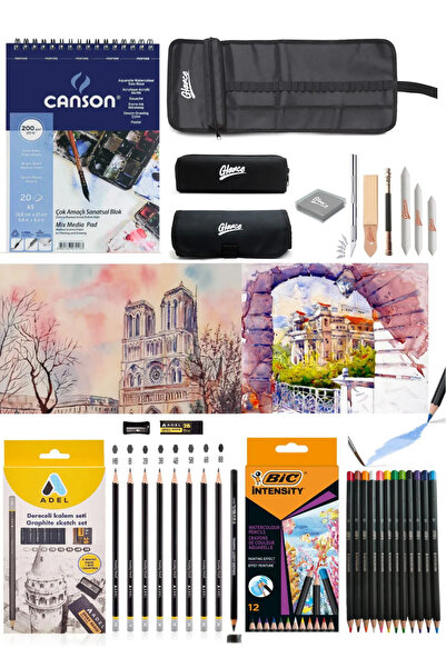 arttone Canson Defter A5 200 gr Adel Dereceli Kalem Seti 8'li Aquarelle Kuru-suluboya Kalemi 12'Lİ