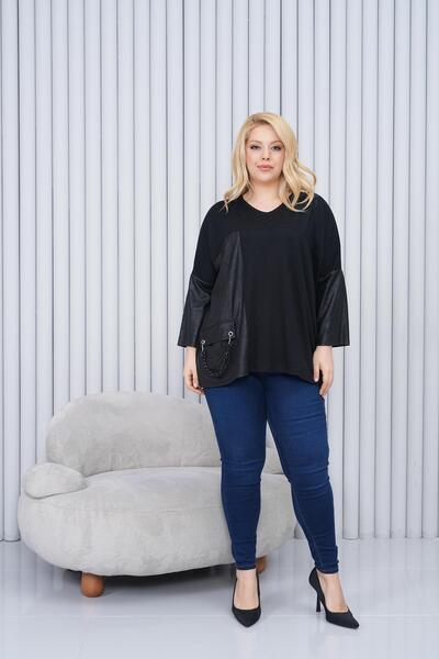 Siyezen Plus Size Oversize Blouse with Leather and Chain Detail