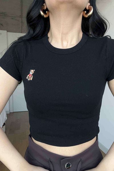 Seda Yalçın Atelier Black Teddy Bear Embroidered Crop