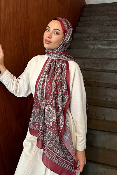 IstanbulSyleModa Retro Desen Pamuk Şal Bordo DSN170225