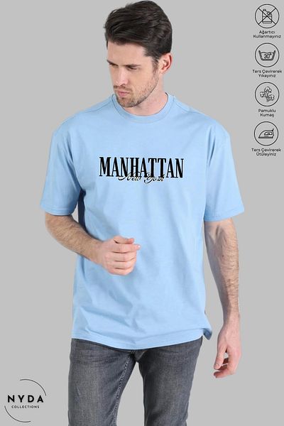 Nyda Collections Unisex Crew Neck New York Manhattan εμπριμέ βαμβακερό μπλουζάκι με κοντό μανίκι