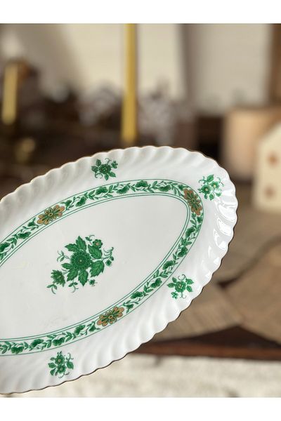 KAISER Stamp Herend Equivalent Patterned Gold Gilded Antique Green Floral Porcelain Boat Plate