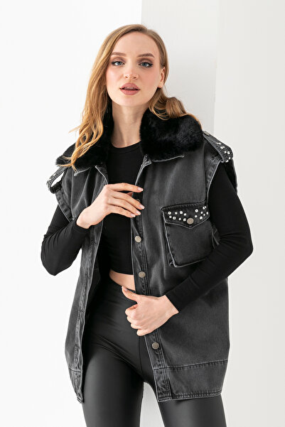 TUBA SÖZEN BUTİK KÜRKLÜ DENİM SİYAH YELEK