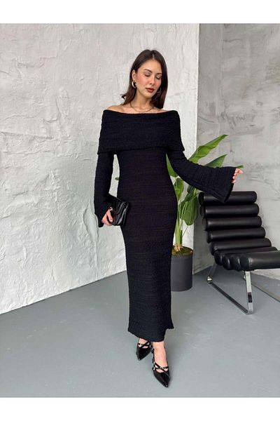 HARMONY GLOBAL Women's Black Madonna Midi Knitwear Dress Long Sleeve Textured