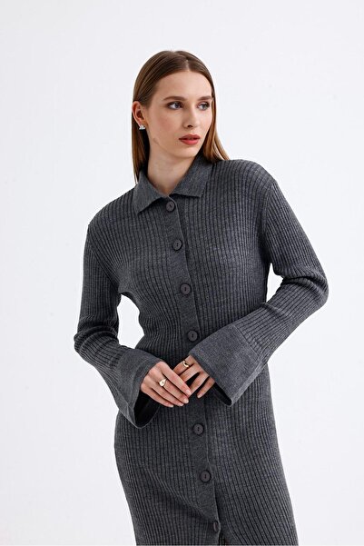 10NUMARAMODA Kadın Antrasit Bisiklet Yaka Kloş Mini Fitilli Kışlık Triko Elbise